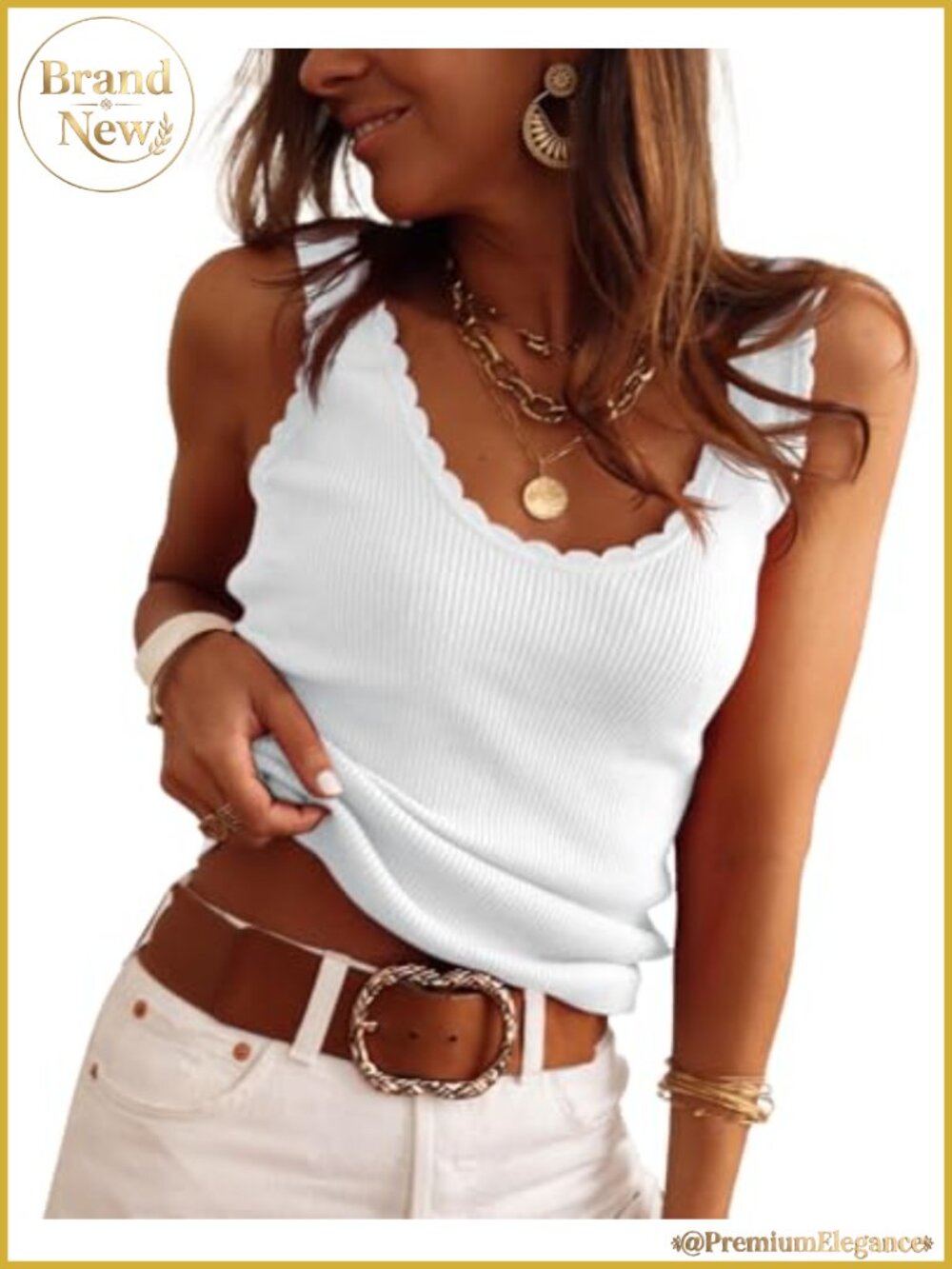 Womens Ribbed Knit Tank Top V Neck Sleeveless Scallop Edge Sweater Vest Summer